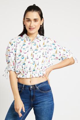 printed cotton blend collar neck women's shirt - white