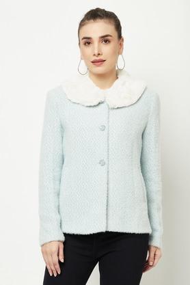 printed cotton blend collar neck womens coat - light blue