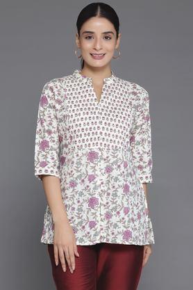 printed cotton blend collared women's kurti - off white