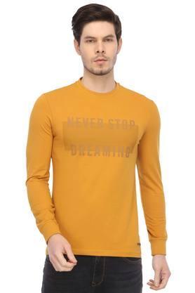 printed cotton blend fit mens t-shirt - mustard