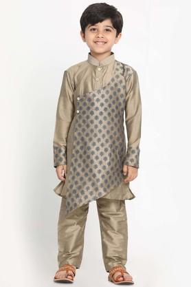 printed cotton blend mandarin boys kurta pyjama set - brown