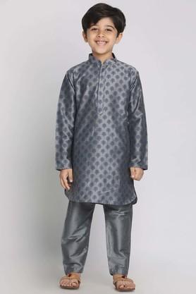 printed cotton blend mandarin boys kurta pyjama set - grey