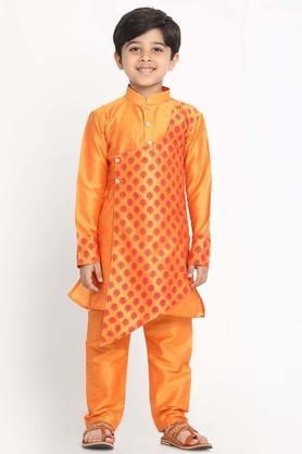 printed cotton blend mandarin boys kurta pyjama set - orange