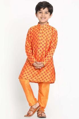 printed cotton blend mandarin boys kurta pyjama set - orange