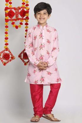 printed cotton blend mandarin boys kurta pyjama set - pink