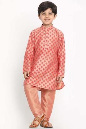 printed cotton blend mandarin boys kurta pyjama set - pink