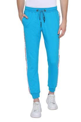 printed cotton blend regular fit men's track pants - blue