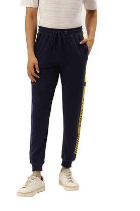 printed cotton blend regular fit men's track pants - navy