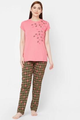 printed cotton blend regular fit womens pyjama set - pink
