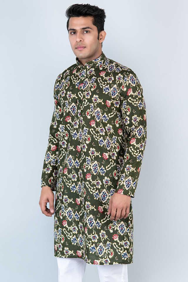 printed cotton blend relaxed fit mens kurta