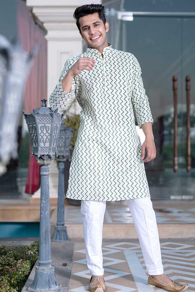 printed cotton blend relaxed fit mens kurta