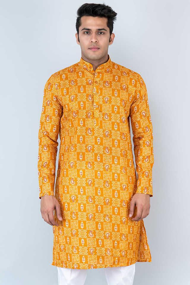 printed cotton blend relaxed fit mens kurta