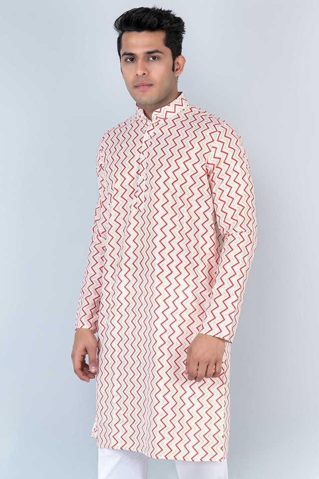 printed cotton blend relaxed fit mens kurta