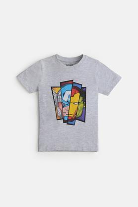 printed cotton blend round neck boys t-shirt - ecru melange