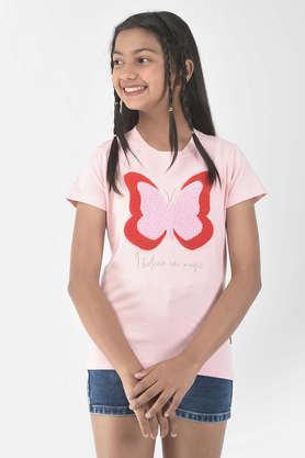 printed cotton blend round neck girl's t-shirt - blush