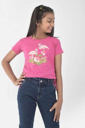 printed cotton blend round neck girl's top - pink