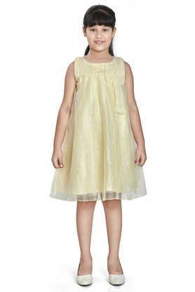 printed cotton blend round neck girls party wear dress - yellow