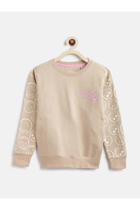 printed cotton blend round neck girls sweatshirt - natural