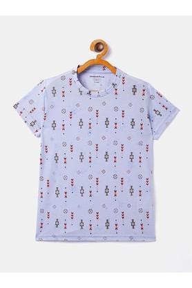 printed cotton blend round neck girls t-shirt - blue