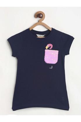 printed cotton blend round neck girls t-shirt - navy
