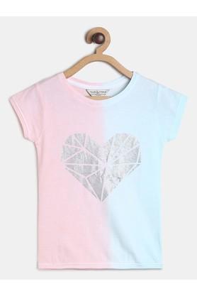 printed cotton blend round neck girls t-shirt - pink