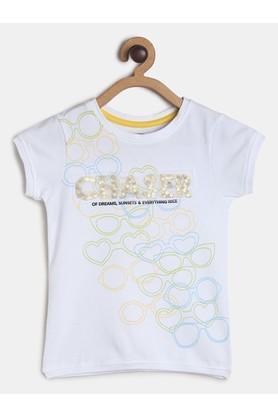 printed cotton blend round neck girls t-shirt - white