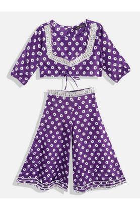 printed cotton blend round neck girls top with palazzo - purple