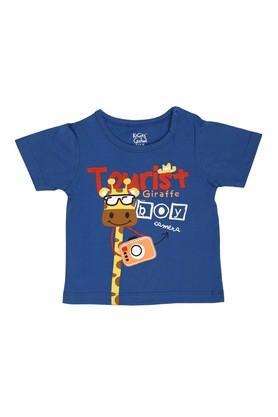 printed cotton blend round neck infant boy's t-shirt - blue