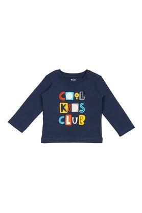 printed cotton blend round neck infant boy's t-shirt - navy