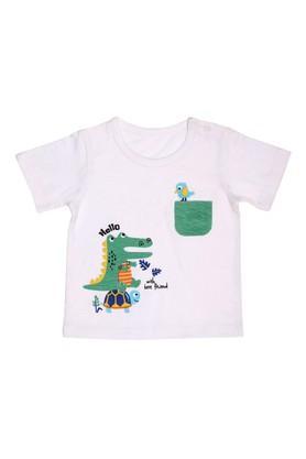 printed cotton blend round neck infant boy's t-shirt - white