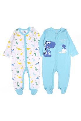 printed cotton blend round neck infant girl's sleepsuit - blue