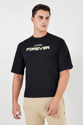 printed cotton blend round neck men's t-shirt - black