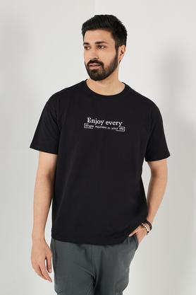 printed cotton blend round neck men's t-shirt - black