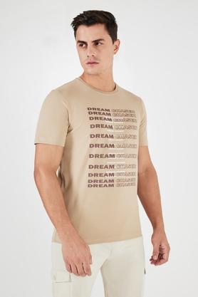 printed cotton blend round neck men's t-shirt - natural