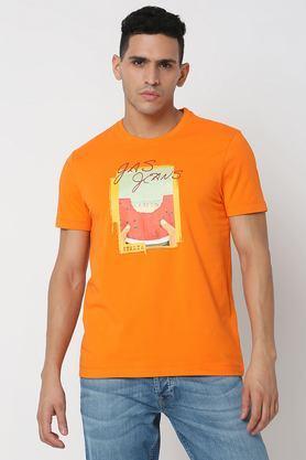 printed cotton blend round neck men's t-shirt - orange