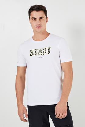 printed cotton blend round neck men's t-shirt - white