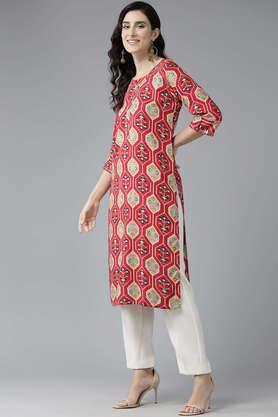 printed cotton blend round neck women's party wear kurti - red