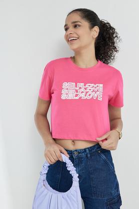 printed cotton blend round neck women's t-shirt - fuchsia