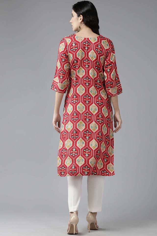 printed cotton blend round neck womens party wear kurti