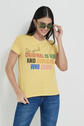 printed cotton blend round neck womens t-shirt - yellow