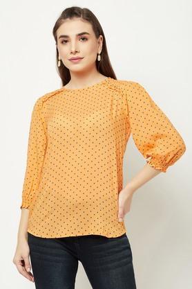 printed cotton blend round neck womens top - orange