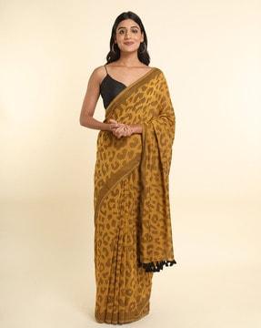 printed cotton blend saree with tassels