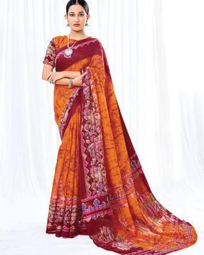 printed cotton blend saree with thick border