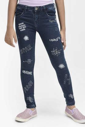 printed cotton blend skinny fit girls jeans - navy