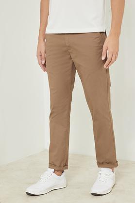 printed cotton blend slim fit men's casual trousers - khaki