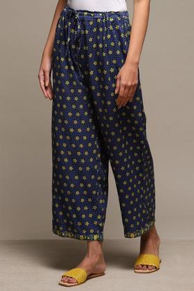 printed cotton blend straight fit women's palazzo - navy
