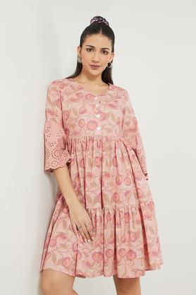 printed cotton blend v neck women's ethnic dress - pink