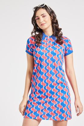 printed cotton blend women's mini dress - blue