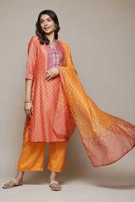 printed cotton blend woven women's kurta palazzo dupatta set - orange