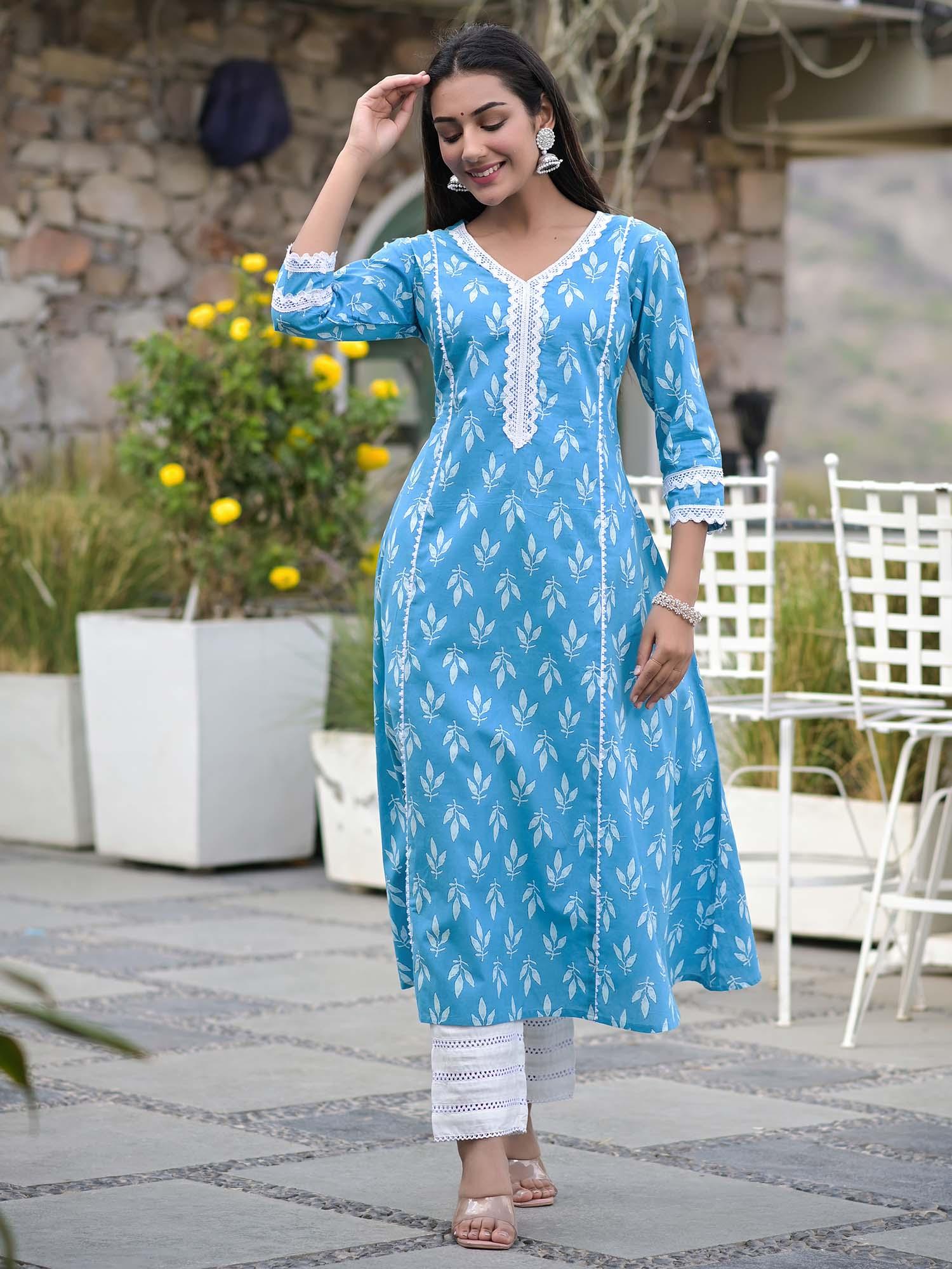 printed cotton blue kurta pant (set of 2)